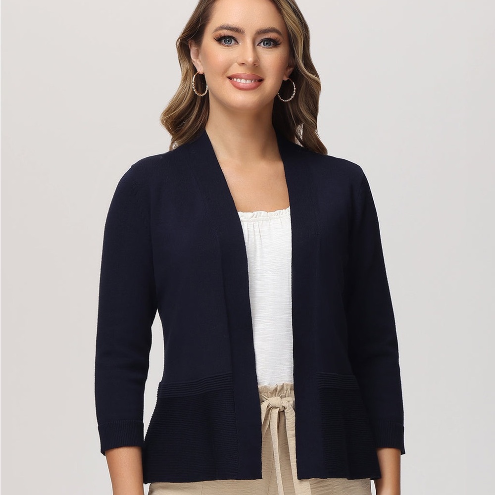 Women's Navy 89th & Madison Knit Cardigan 3/4 Sleeve